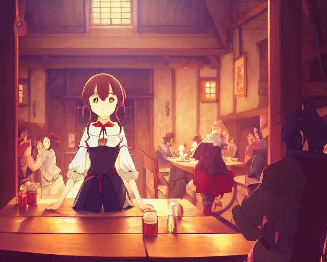 Image similar to anime visual, portrait of a young female traveler in a busy fantasy medieval tavern interior, cute face by yoh yoshinari, katsura masakazu, studio lighting, dynamic pose, dynamic perspective, strong silhouette, anime cels, ilya kuvshinov, cel shaded, crisp and sharp, rounded eyes