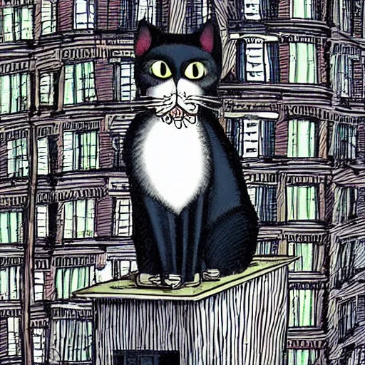 Image similar to a cat on a rooftop in a city by tim burton