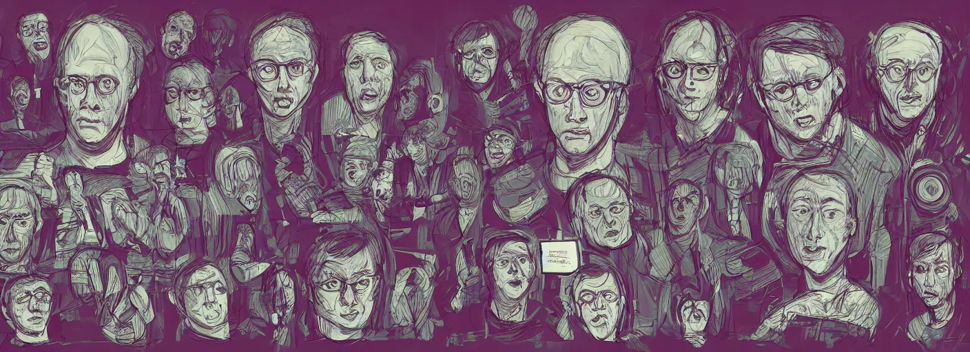 Image similar to character study of todd solondz tripping on lsd, clear faces, screenwriter, introvert, panic, emotional, character sheet, fine details, concept design, contrast, by gabriel hardman, joe alves, j. todd anderson, chris bonura, trending on artstation, 8 k, full body and head, turnaround, front view, back view, ultra wide angle