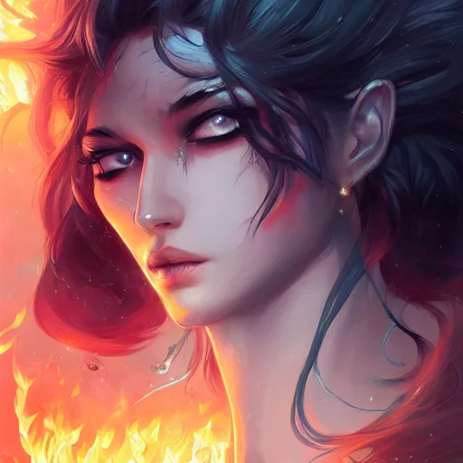 Image similar to uria, lady of searing flames, heroine, beautiful, young, minimalist, detailed close - up portrait in the style of ross tran, marte gracia, and peter mohrbacher, comic book lineart