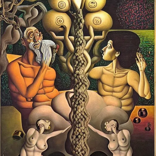 Image similar to the three fates, pain, pleasure, suffering, adventure, love, abstract oil painting by MC Escher and Salvador Dali and raqib shaw,-W 1024