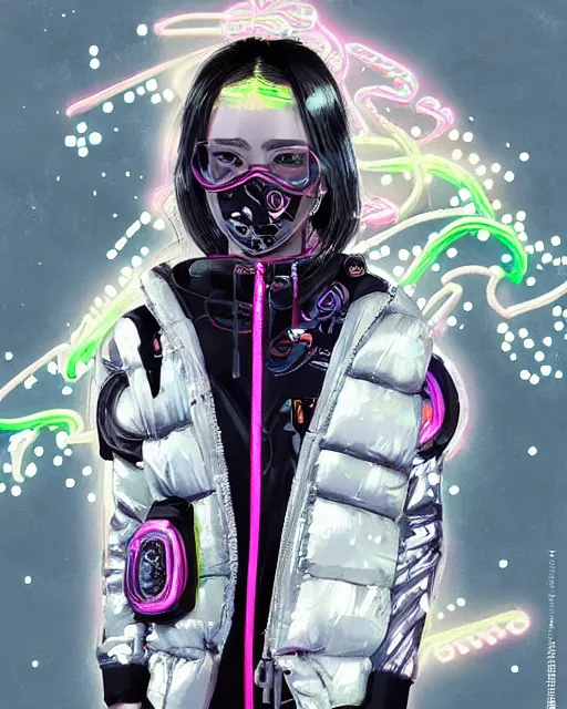 Image similar to detailed portrait Neon Operator Girl, cyberpunk futuristic neon, reflective puffer jacket, black leggings, decorated with traditional Japanese ornaments by Ismail inceoglu dragan bibin hans thoma !dream detailed portrait Neon Operator Girl, cyberpunk futuristic neon, reflective puffy coat, decorated with traditional Japanese ornaments by Ismail inceoglu dragan bibin hans thoma greg rutkowski Alexandros Pyromallis Nekro Rene Maritte Illustrated, Perfect face, fine details, realistic shaded, fine-face, pretty face