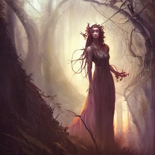Image similar to cinematic portrait of a, dryad priestess, inspired by brian froud, inspired by dungeons and dragons, in an evening autumn forest, art station, sunset evening lighting, ominous shadows by jessica rossier and greg rutkowski