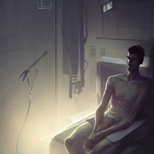 Image similar to concept art by greg rutkowski, very tall and slender young man waking up in a hospital bed, futuristic and high - tech setting but desolate and dimly lit, scifi, highly detailed portrait, digital painting, artstation, concept art, smooth, sharp foccus ilustration, artstation hq