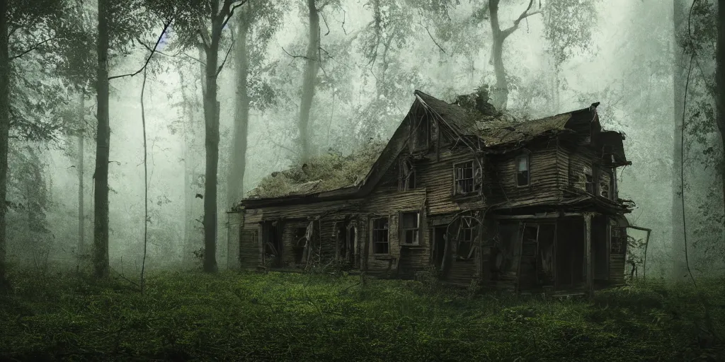 Image similar to an abandoned and decrepit wooden house in a lush forest, architectural photography, dark and dim lighting, beautiful, tranquil, moody, cinematic, fantasy, 3 5 mm lens, volumetric lighting, first person view, photographic render, hyper realistic