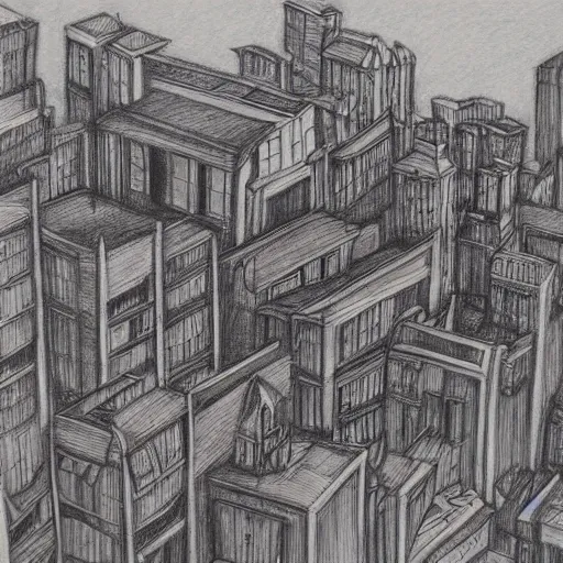 Prompt: illustration of a city in the style of Shaun Tan, award winning illustration, pencil on paper, photorealistic