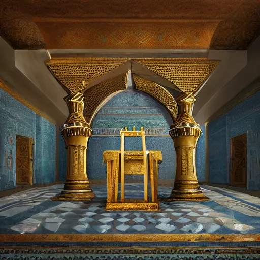 Image similar to fantasy movie scene greg rutkowski digital painting of an ornate and royal egyptian antechamber tomb with a close - up of an old twisted wooden staff weapon with a blue crystal at it's tip laying on a stone altar, unreal engine, hyper realism, realistic shading, cinematic composition, blender render, octane render, hdr, detailed textures, photorealistic, 3 5 mm film