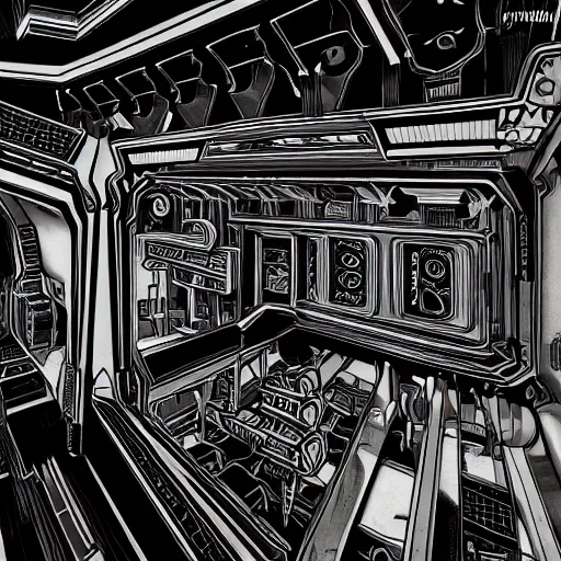 Prompt: intricate mechanical interior of a 1 9 7 0 s spaceship, victorian goth, retro, trending on art station, 4 k wallpaper