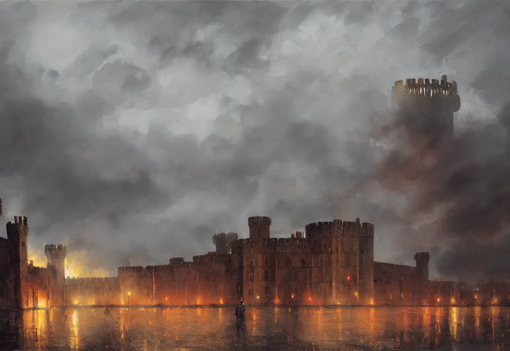 Image similar to windsor castle on fire, artstation, jakub rozalski, high detail, dramatic lighting, night, rain