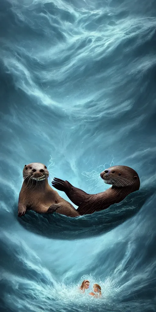 Image similar to An adorable Otter saving his wife from the whirlpool, in love holding hands side by side, in the middle of a super scary storm at sea, thunder, lightning, waves, fantasy illustration, cinematic, award winning, romantic, detailed trending on artstation, masterpiece