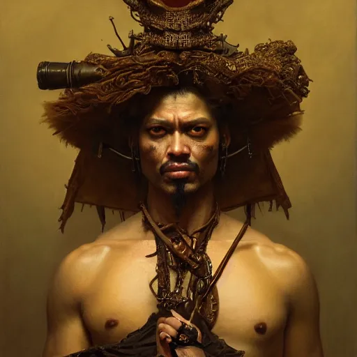 Image similar to highly detailed oil painting | very intricate | cinematic lighting | award - winning | the voodoo samurai in full armor | by roberto ferri, by tom bagshaw, by j. c. leyendecker and klimt, beautiful cinematic light, american romanticism, by austin osman spare, artstation, cgsociety, official art, octane