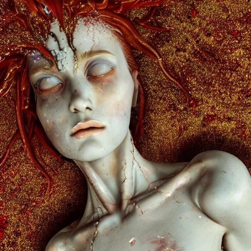 Prompt: Cinestill of A heartbreaking realistic 8k Bernini Sculpture of a stunning intricate cracked multicolored milky cosmic marble Evangelion Fallen Angel Devil Queen. sentient mycelium and misty xparticles. by Yoshitaka Amano, Daytoner, Greg Tocchini,. . Scattered golden flakes, Hyperrealism. Subsurface scattering. Octane Render. Weirdcore