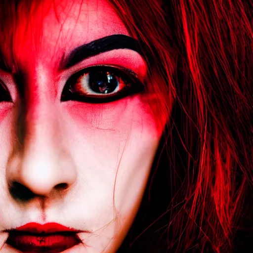 Image similar to stunning beautiful portrait photography of a face detailing demonic Countess wearing red and black dress from national geographic magazine award winning, dramatic lighting, taken with Sony alpha 9, sigma art lens, medium-shot