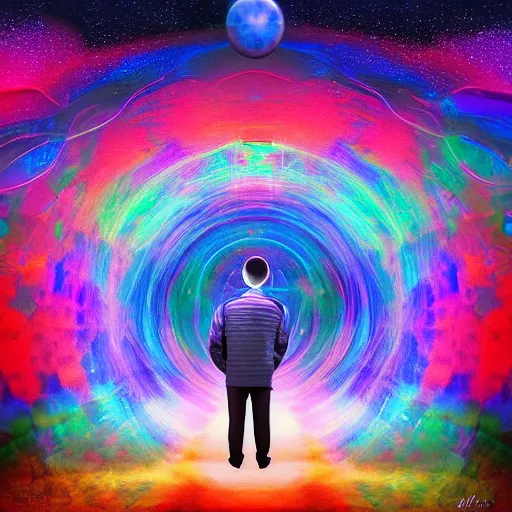 Prompt: a man's soul becoming one with the cosmos by David Normal, space, vibrant, colorful, digital art, peaceful,