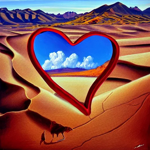 Prompt: a giant heart floating in the utah desert on a cloudy day. realistic oil painting, artist james bama, award winning, highly detailed, sharp focus,