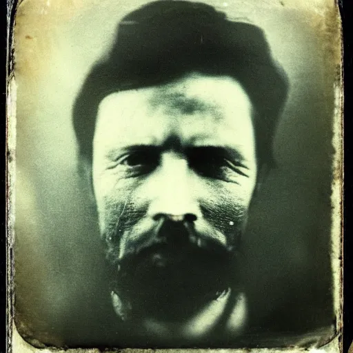 Prompt: old photo of a killer horror hipster, daguerrotype, tintype, dirty. faded. old photograph, polaroid, highres, wet plate collodion,