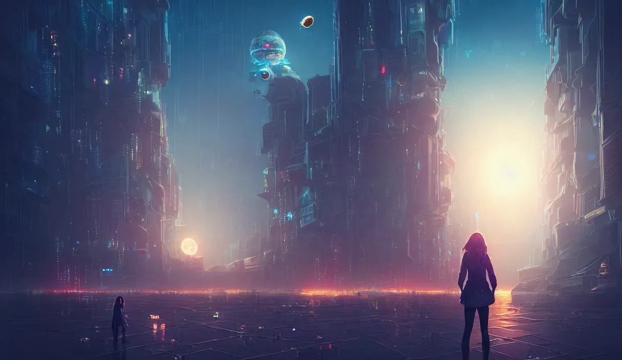 Image similar to girl staring at a meteorite hitting a floating cyberpunk city at night by wlop, low poly art, ultra detailed color art, high detail, digital art