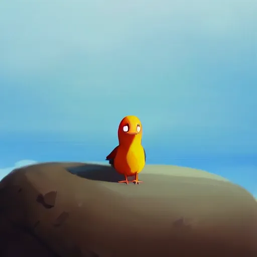 Image similar to goro fujita ilustration a cute little bird perched on a rock watching the ocean and the waves with their foam, the sky with fluffy clouds and makes a warm light, painting by goro fujita, sharp focus, highly detailed, artstation