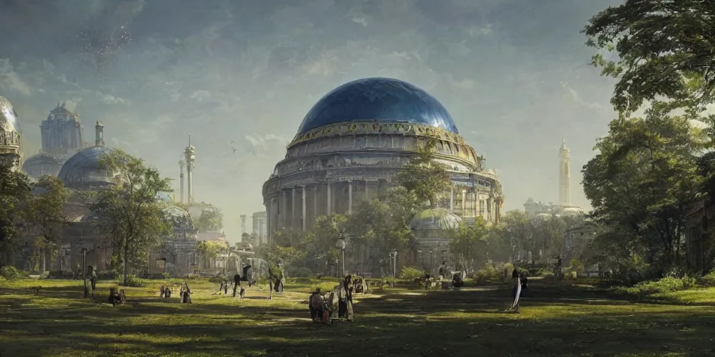 Image similar to a solarpunk city and park with a glorious domed building at its centre, Greg Rutkowski and Ivan Shishkin