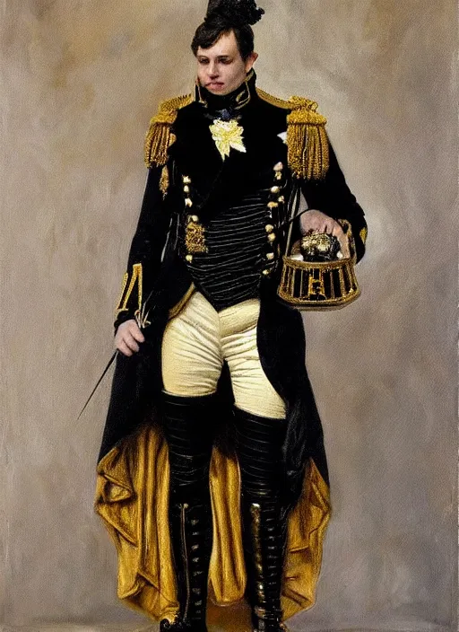 Image similar to highly detailed oil painting | very intricate | cinematic lighting | black, white and gold color scheme, dark background | napoleon dressed by alexander mcqueen | by roberto ferri, by gustav moreau, by singer sargent and klimt, american romanticism, occult art | by austin osman spare, artstation, cgsociety, official art, octane