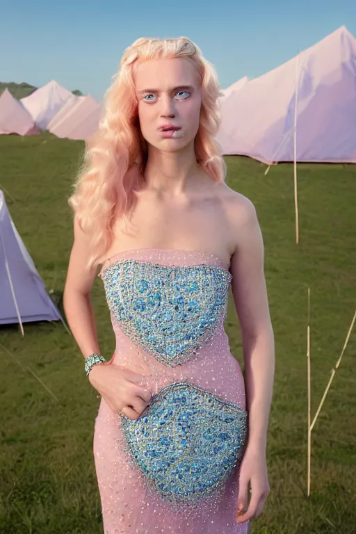 Prompt: a princess with long blonde hair and light blue eyes wearing a strapless elaborately beaded pink dress standing next to a canvas army tent, high resolution film still, 8k, HDR color, film by Simon Langton and David Frankel, triangular face, very light freckles, round narrow chin, straight jawline, natural lips, high cheekbones, beautiful gazing eyes