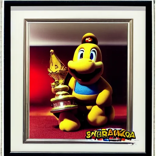 Prompt: Candid portrait photograph of King Koopa from super mario hold Mario Kart 1st winner trophy, taken by Annie Leibovitz