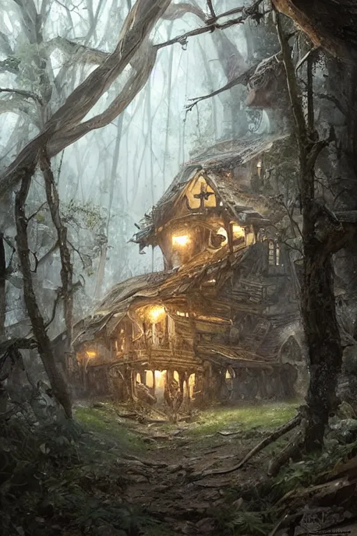 Image similar to a ramshackle multistory hut in the woods, well armored, intricate, elegant, fantasy, highly detailed, digital painting, concept art, sharp focus, illustration, beautiful volumetric lighting, artstation, art by artgerm and greg rutkowski