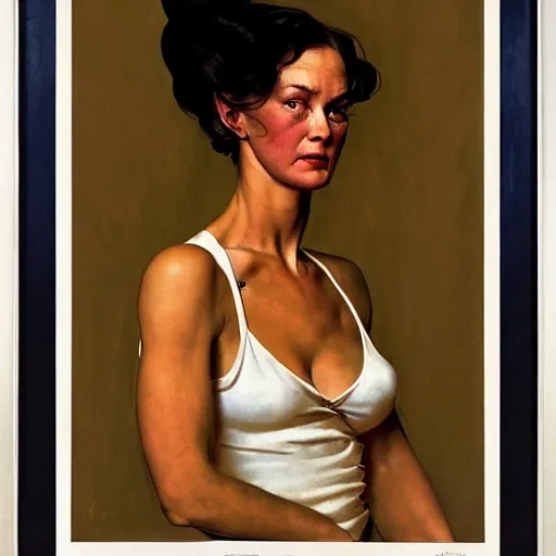 Image similar to A frontal portrait of a delicate, muscular and exhausted woman, by Norman Rockwell and Robert McGinnis.