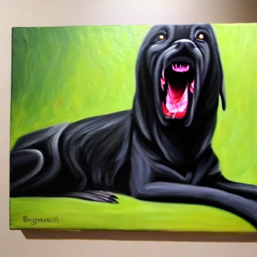 Image similar to realistic oil painting of a vicious black dog bearing its fangs next to brugmansia suaveolens flowers