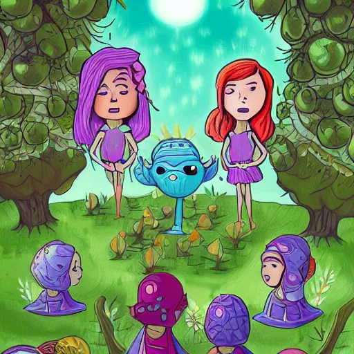 Image similar to the hive mind princess leads her minions to the fruit trees, digital art