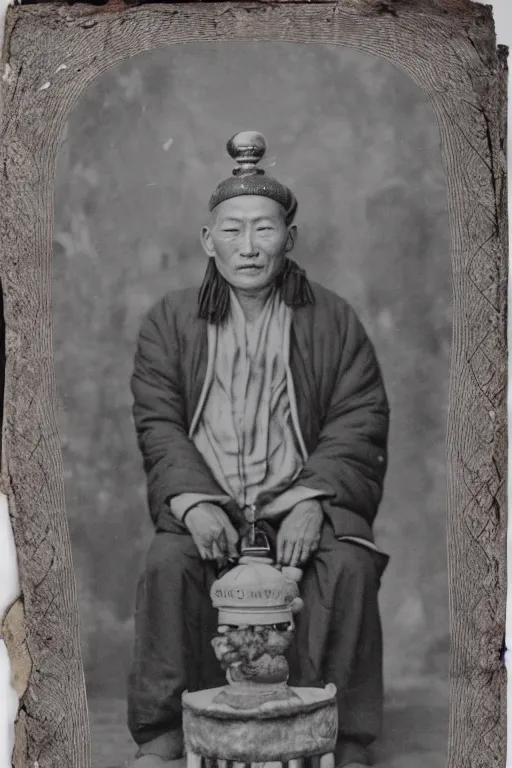 Image similar to ultra realistic vintage photo portrait of a tibetan man made of birdcage