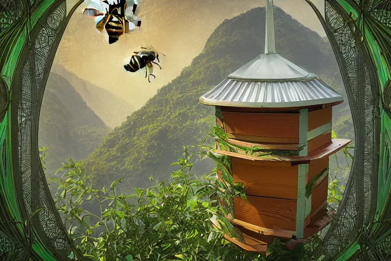 Image similar to simplicity, elegance, foliage overgrowing favela honeybee hive, art nouveau environment, award winning art, epic dreamlike fantasy landscape, ultra realistic,