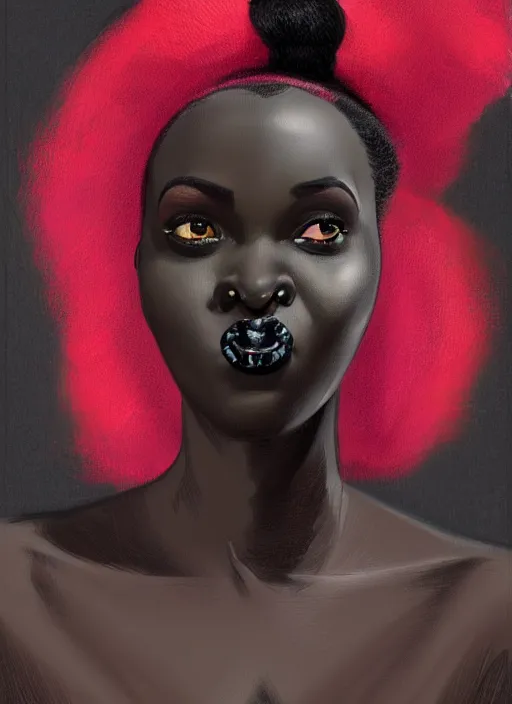 Image similar to portrait of a plump african woman with a crooked nose and a confident expression, 1 9 6 0 s, black clothes, goth, punk, brightly coloured hair, funk, intricate, elegant, highly detailed, digital painting, artstation, concept art, smooth, sharp focus, illustration, art by wlop, mars ravelo and greg rutkowski