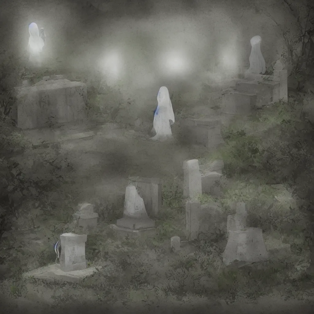 Image similar to a ghost visiting its own grave, digital art