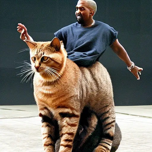 Prompt: Kanye West riding a giant cat