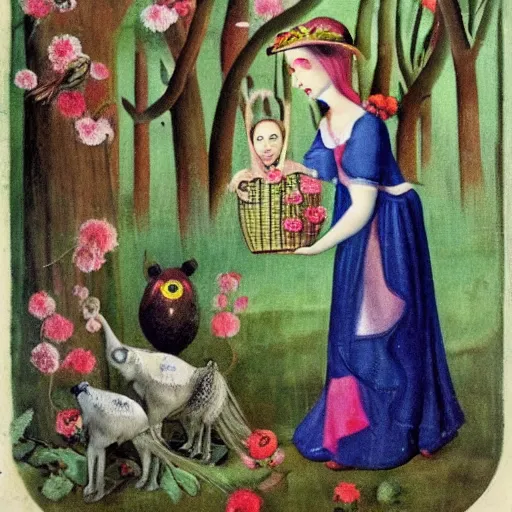 Prompt: In the print Vasilisa can be seen standing in the forest, surrounded by animals. She is holding a basket of flowers in one hand and a spindle in the other. Her face is turned towards the viewer, with a gentle expression. In the background, the forest is depicted as a dark and mysterious place. hollywood cerise, Monster Rancher by Hannah Hoch