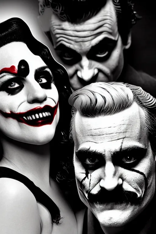 Image similar to joaquin phoenix joker with harley queen lady gaga, photorealistic, ultrarealistic, smooth, 4 k, aesthetic lighting, baroque object, sharp focus, hyperdetailed, professional photography, pullitzer winning, 8 0 0 photo by : canon eos 5 d mark iv, by karah mew and adnan abidi and jodie bateman and ansel adams