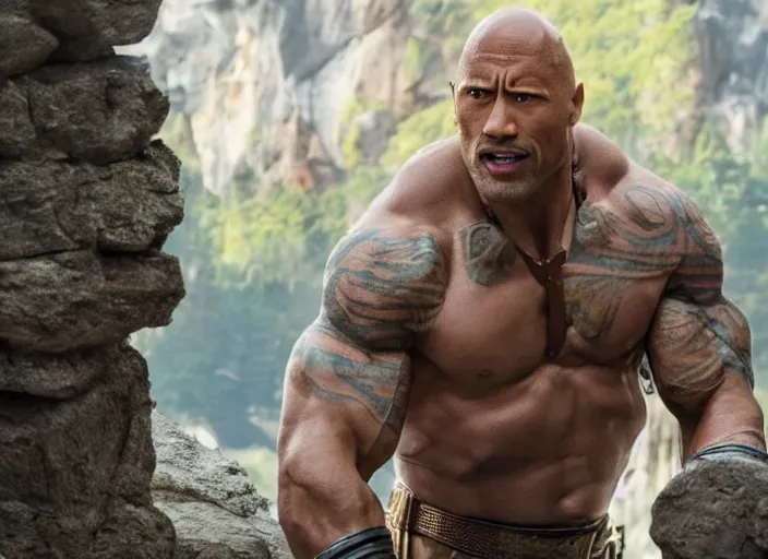 Prompt: film still of dwayne the rock johnson as pinocchio in the new pinocchio movie, 4 k, highly detailed face, detailed eyes