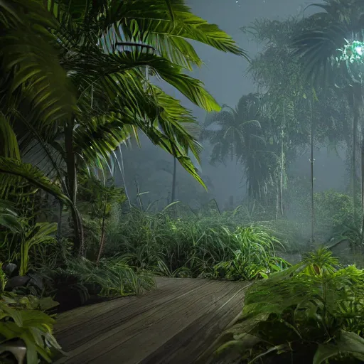 Image similar to « dark jungle, group of persons exploring with lamps, far view, unreal engine 5, photorealistic »