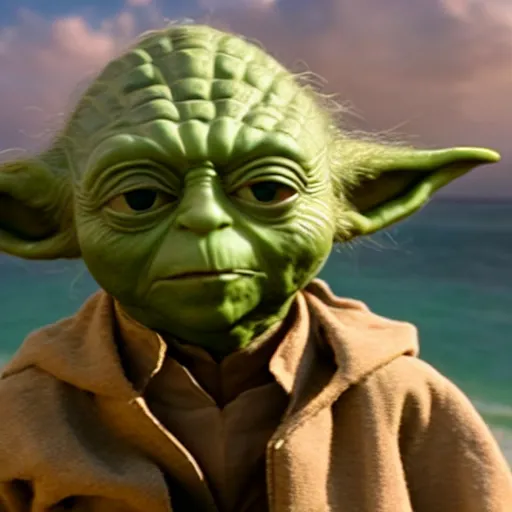 Image similar to film still of yoda on a beach movie 4 k