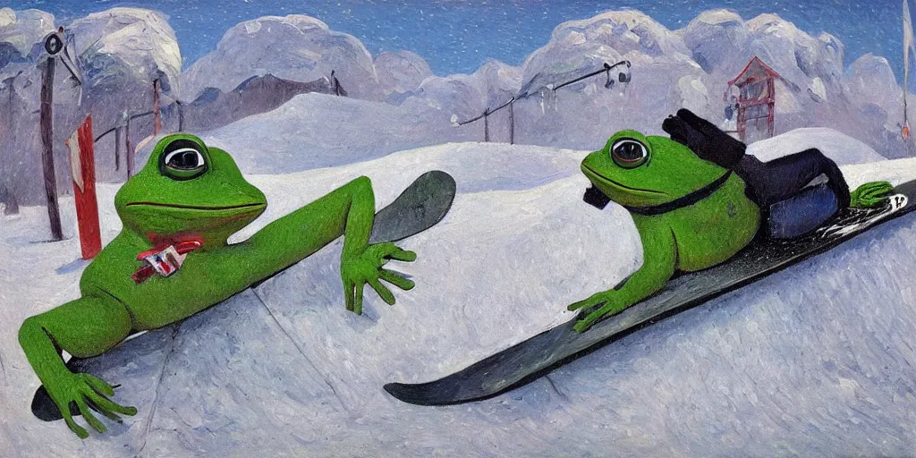 Image similar to sad pepe the frog snowboarding in terrain park, frustration, pain, anger, ramps, half - pipe, gloomy landscape, expressive oil painting by christopher radlund and camille pissaro