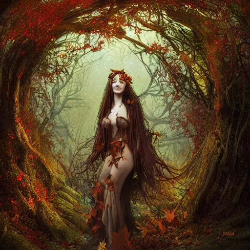 Image similar to portrait of a dryad in a shadowy forest of autumn maples by brian froud and jessica rossier dark mysterious -