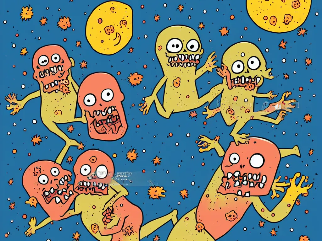 Prompt: happy zombies eating each other, floating in space, cartoon illustration, detailed