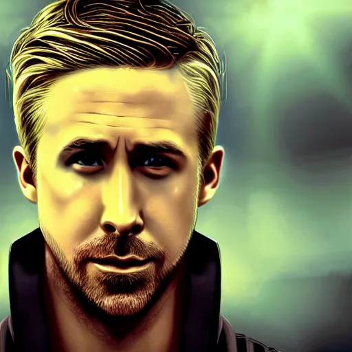 Prompt: ryan gosling portrait, dystopia core, apocalyptic, armor, warrior, dramatic, sharp focus, fiction, neon, fantasy, hyper detailed, digital art, trending in artstation, cinematic lighting, studio quality, smooth render, unreal engine 5 rendered, octane rendered, art style and nixeu and wlop and krenz cushart