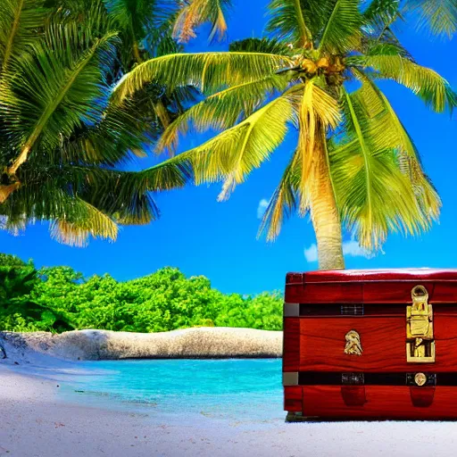 Image similar to a treasure chest on a tropical island, with a palm tree, and crystal clear water, 4 k