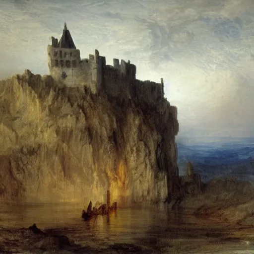 Prompt: a castle on rocks seen from afar, dead trees on both side of the image, dark themed, knife painting in the style of william turner
