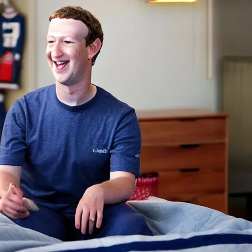 Image similar to mark zuckerberg in a flannel pajama onesie getting tucked into a racecar bed with a big smile