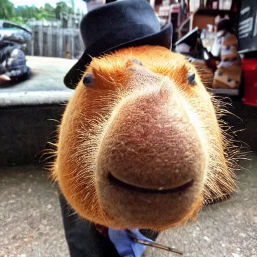 Prompt: smoking cigar, a man wearing a suit capybara head wearing a hat (smoking cigar)