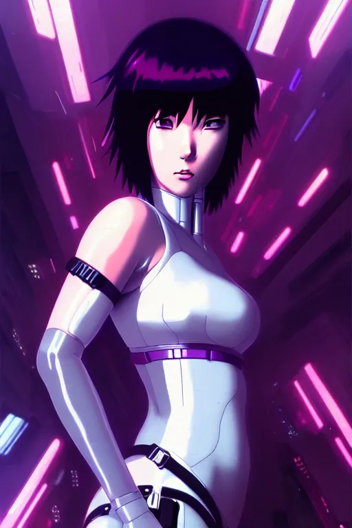 Image similar to a still fullbody portrait of motoko kusanagi ghost in the shell, finely detailed features, closeup at the faces, perfect art, at a cyberpunk city, gapmoe yandere grimdark, trending on pixiv fanbox, by ilya kuvshinov, rossdraws, artgerm