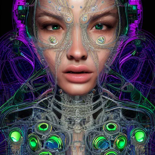 Image similar to very beautiful woman integrating with technology, full face frontal centered, portrait, insipiring, detailed intricate ornate cables connected to head, big open electric eyes, luxurious detailed abundent wiring and implants, diamonds, sci-fi, neon, emeralds, detailed technology full background, highly detailed, artstation, Rene Lalique and Eddie Mendoza and Gil Elvgren